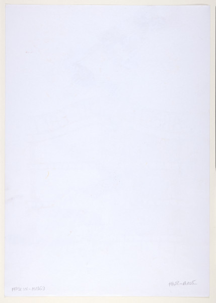 rysunek - Przedstawienie grupy mężczyzn idących ku górze przedstawienia za lecącymi aniołami. Mężczyźni wychudzeni, zgarbieni, ubrani w stroje obozowe w pionowe pasy, z numerami na plecach. Prowadzeni są przez grupę lecących ku górze aniołów z żółtymi skrzydłami. Dwa lecące na przedzie anioły dmą w trąby. Z tyłu brama obozowa (Auchwitz-Birkenau) z napisem w języku niemieckim ARBEIT MACHT FREI.