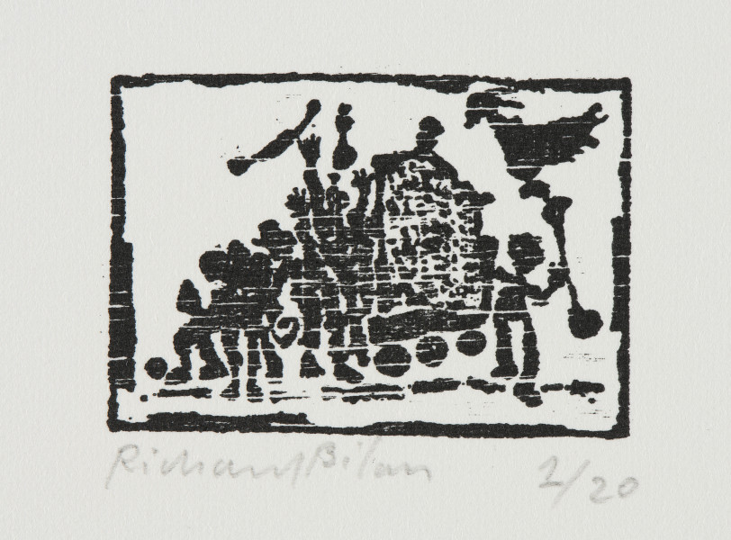 odbitka graficzna - Grafika przedstawia grupę czarnych postaci oraz wóz na trzech kołach. Z lewej strony, z przodu wozu widoczna postać trzymająca podłużny przedmiot zakończony kształtem ptaka. Wokół odcisku grafiki widoczny ślad po matrycy.