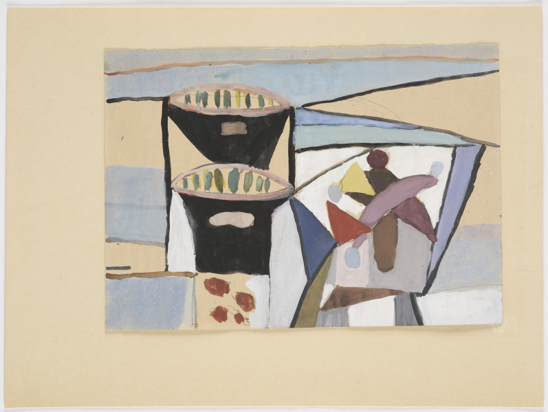 kompozycja abstrakcyjna - Kompozycja abstrakcyjna. Utrzymana w przygaszonej, łagodnej kolorystyce – piaskowych beży, błękitów, brązów i jasnej zieleni – kompozycja zbudowana w wydzielonych czarnym konturem figur, z mocnym akcentem czerni dwóch wież (?) pośrodku kompozycji. Z prawej strony – leżące postacie (?).