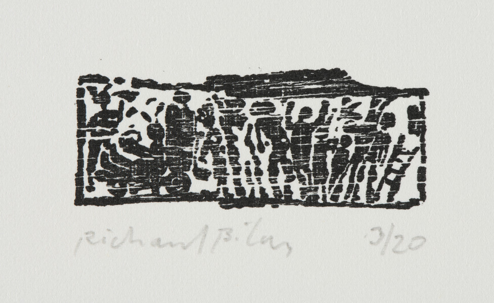 odbitka graficzna - Grafika przedstawia grupę czarnych sylwetek postaci wypełniającą prostokątna, leżąca na dłuższym boku ramkę. Przy prawej krawędzi grafiki widoczna drabina.