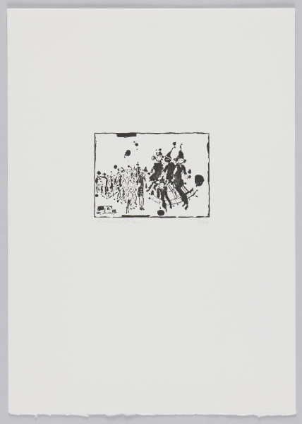 odbitka graficzna - Grafika przedstawia stojącą po lewej stronie sceny grupę wielu niewielkich postaci oraz cztery nieco większe czarne postacie w spiczastych nakryciach głowy po prawej stronie przedstawienia. Przedstawienie wpisane w prostokątną ramkę stojącą na dłuższym boku.
