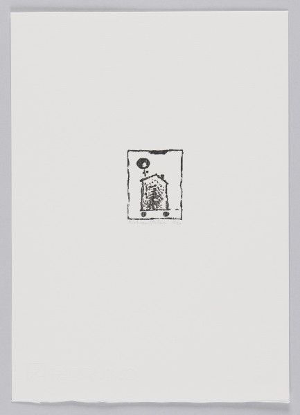 odbitka graficzna - Grafika z domem stojącym na dwóch czarnych kółkach. Dom ze spiczastym dachem z kominem. Z lewej strony nad dachem, czarne koło. Przedstawienie wpisane w prostokątną ramkę stojącą na krótszym boku.