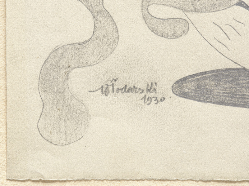 kompozycja abstrakcyjna - Kompozycja abstrakcyjna. Utrzymana w przygaszonej, łagodnej kolorystyce – piaskowych beży, błękitów, brązów i jasnej zieleni – kompozycja zbudowana w wydzielonych czarnym konturem figur, z mocnym akcentem czerni dwóch wież (?) pośrodku kompozycji. Z prawej strony – leżące postacie (?).