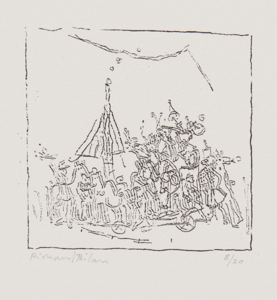 odbitka graficzna - Grafika przedstawiająca grupę osób i zwierząt. W plątaninie kształtów rozpoznać można konia po lewej stronie sceny. Nad postaciami konstrukcja przypominająca dach z kominem, z którego wydobywa się dym. U góry zarys chmury (?). Przedstawienie wpisane w prostokątną ramkę stojącą na krótszym boku.