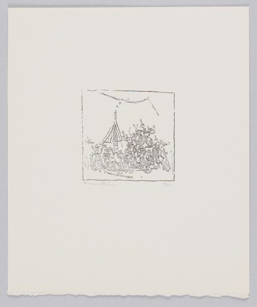 odbitka graficzna - Grafika przedstawiająca grupę osób i zwierząt. W plątaninie kształtów rozpoznać można konia po lewej stronie sceny. Nad postaciami konstrukcja przypominająca dach z kominem, z którego wydobywa się dym. U góry zarys chmury (?). Przedstawienie wpisane w prostokątną ramkę stojącą na krótszym boku.