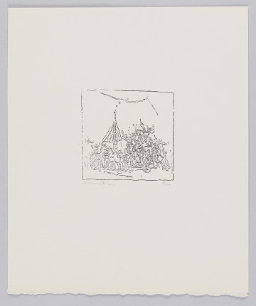 odbitka graficzna - Grafika przedstawiająca grupę osób i zwierząt. W plątaninie kształtów rozpoznać można konia po lewej stronie sceny. Nad postaciami konstrukcja przypominająca dach z kominem, z którego wydobywa się dym. U góry zarys chmury (?). Przedstawienie wpisane w prostokątną ramkę stojącą na krótszym boku.