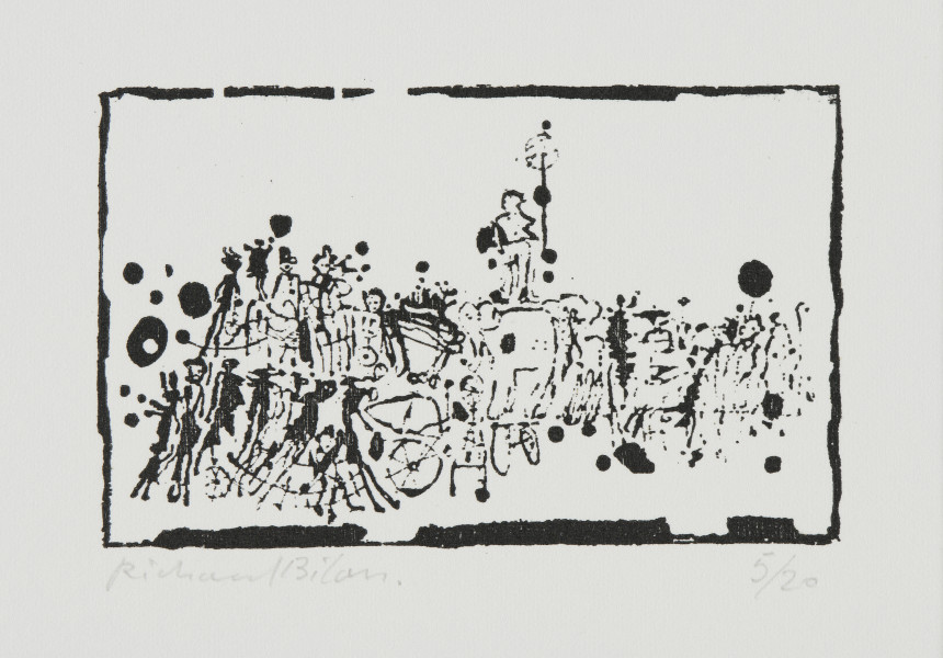 odbitka graficzna - Grafika przedstawia plątaninę kształtów i sylwetek postaci. Nad postaciami sylwetka człowieka trzymającego niezidentyfikowany podłużny przedmiot. Przedstawienie wpisane w prostokątną ramkę stojącą na dłuższym boku.