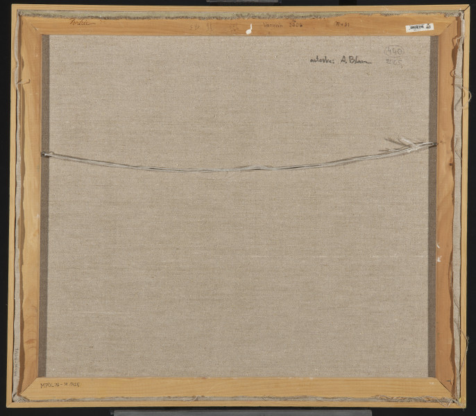 pejzaż - Wertykalny pejzaż o kompozycji składającej się z różnokolorowych plam w stonowanych barwach, niemal abstrakcyjny. U dołu kompozycji szarobeżowe tło, w prawym dolnym narożniku niedomalowane. Powyżej pas trapezoidalnych elementów - każdy o innym kolorze - różnych wariantach kolorów: niebieskoszarego,  szarozielonego i rozbielonego brązu. Kompozycję dominuje niebieska plama (zbiornik wodny?) usytuowana poziomo w górnej części obrazu, po prawej stronie, od której odchodzi niebieska kreska (rzeka? strumień?) przecinająca poziomo ułożone plamy barwne. U góry kompozycji widać szare, trójkątne kształty, najprawdopodobniej szczyty wzgórz, a nad nimi niebo.