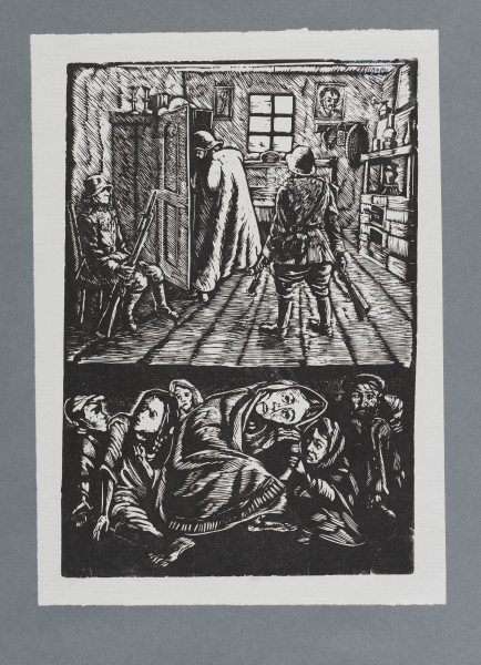 scena rodzajowa - Wnętrze mieszkalne. Scena podzielona horyzontalnie przedstawia rewizję w izbie mieszkalnej i ludzi ukrywających się pod podłogą.
W górnej części – wnętrze pokoju: z piecem z prawej, na piecu stoi lampa naftowa; łóżkiem stojącym pośrodku, pod oknem, szafą z lewej strony, na szafie stoją dwa świeczniki. Na ścianie wiszą obrazy, z prawej strony okna – wieszak. Trzej mężczyźni ujęci w całej postaci, w mundurach, hełmach przeszukują mieszkanie. Mężczyzna w szynelu przeszukuje szafę, obok szafy na krześle siedzi mężczyzna w mundurze, przy nodze trzyma karabin z nasadzonym bagnetem. Pośrodku pokoju stoi (tyłem) mężczyzna w mundurze, z karabinem w prawej ręce i granatem w lewej. W dolnej części, pod podłogą ukrywa się skulona, stłoczona grupa ludzi. Na pierwszym planie, pośrodku siedzi nisko pochylona kobieta owinięta chustą, do jej boku tuli się dziecko. Z prawej, w głębi siedzi mocno skulony mężczyzna, z lewej siedzą inne dzieci, w głębi widoczna twarz kobiety.