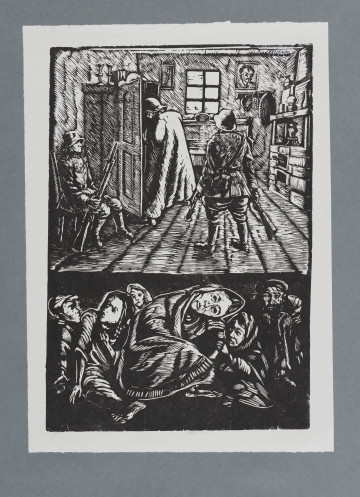 scena rodzajowa - Wnętrze mieszkalne. Scena podzielona horyzontalnie przedstawia rewizję w izbie mieszkalnej i ludzi ukrywających się pod podłogą.
W górnej części – wnętrze pokoju: z piecem z prawej, na piecu stoi lampa naftowa; łóżkiem stojącym pośrodku, pod oknem, szafą z lewej strony, na szafie stoją dwa świeczniki. Na ścianie wiszą obrazy, z prawej strony okna – wieszak. Trzej mężczyźni ujęci w całej postaci, w mundurach, hełmach przeszukują mieszkanie. Mężczyzna w szynelu przeszukuje szafę, obok szafy na krześle siedzi mężczyzna w mundurze, przy nodze trzyma karabin z nasadzonym bagnetem. Pośrodku pokoju stoi (tyłem) mężczyzna w mundurze, z karabinem w prawej ręce i granatem w lewej. W dolnej części, pod podłogą ukrywa się skulona, stłoczona grupa ludzi. Na pierwszym planie, pośrodku siedzi nisko pochylona kobieta owinięta chustą, do jej boku tuli się dziecko. Z prawej, w głębi siedzi mocno skulony mężczyzna, z lewej siedzą inne dzieci, w głębi widoczna twarz kobiety.