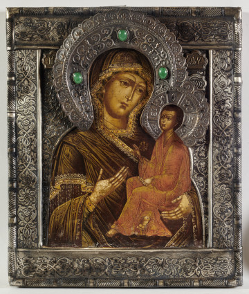 ikona w okładzie, z wizerunkiem Bogurodzicy Hodigitrii w półpostaci, z Dzieciątkiem po prawej stronie