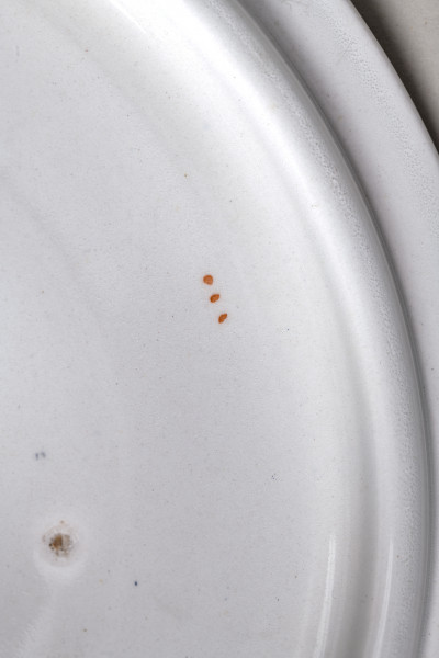 Półmiskowa waza z pokrywką, wykonana z białego fajansu, obiekt w kształcie cylindra. Naczynie ozdobione wielobarwną kalkomanią złożoną z asymetrycznych roślinnych kompozycji, wzory nawiązują do sztuki rokoko.