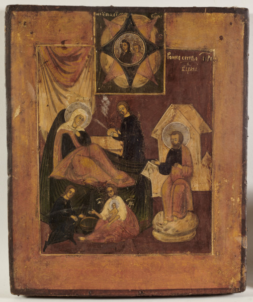 ikona obrazująca scenę Narodzenia Bogurodzicy we wnętrzu architektonicznym, z postaciami: leżącej św. Anny, usługujących niewiast, sceną kąpieli Marii, św. Joachima; inskrypcje cyrylickie opisujące postacie