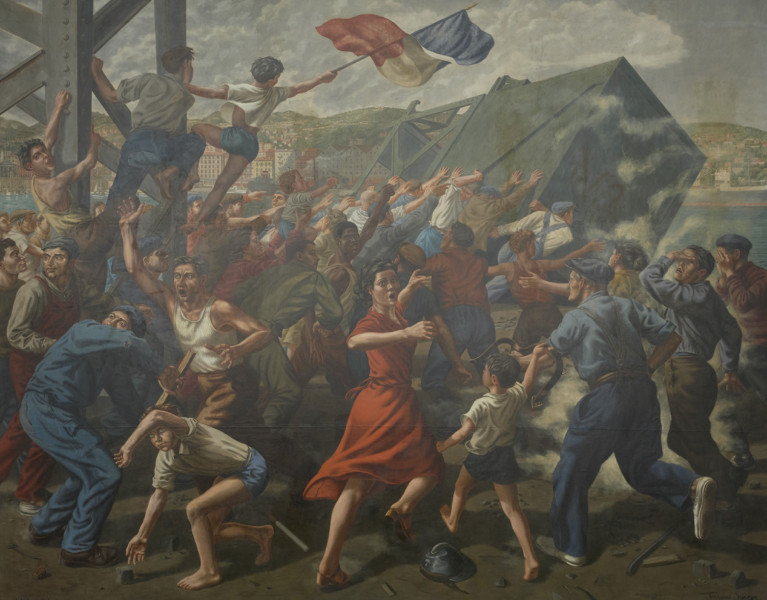 obraz - ujęcie z przodu; Tematem obrazu były wydarzenia z tytułowego dnia, kiedy w południowofrancuskim porcie podczas antyrządowych strajków robotnicy zatopili broń, mającą służyć kapitalistycznej racji stanu w zimnowojennych sporach. Obraz jest monumentalny.